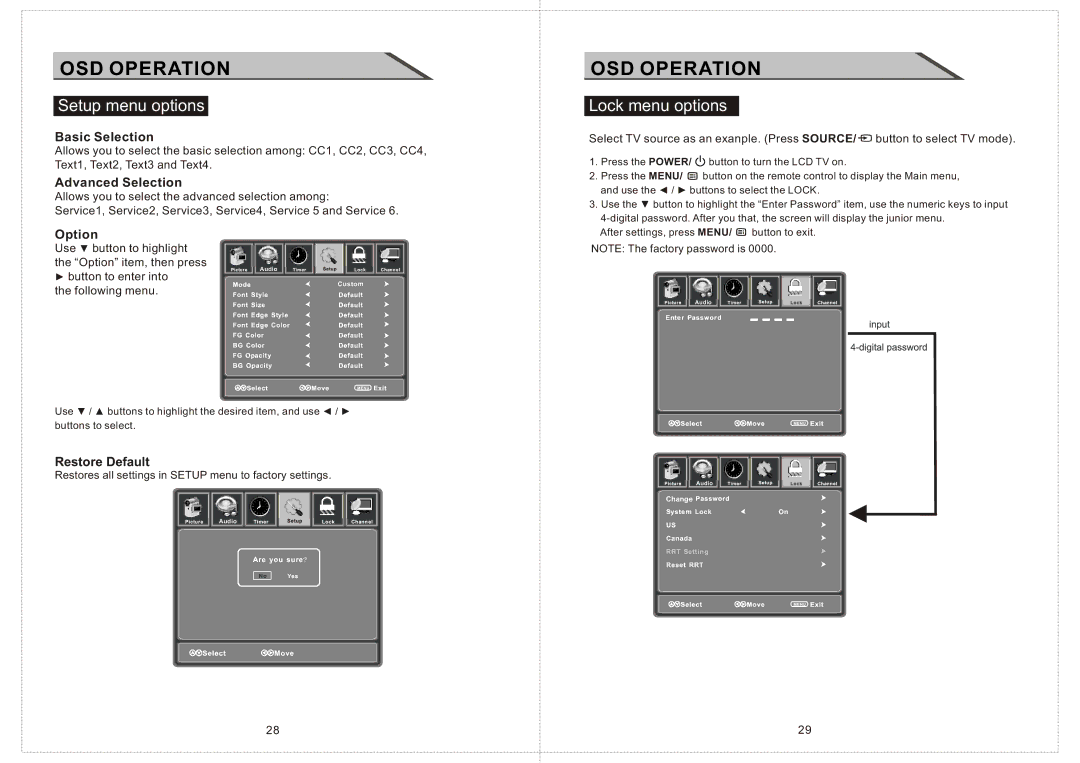 Curtis LCD2424A manual Lock menu options, Basic Selection, Advanced Selection, Option, Restore Default 