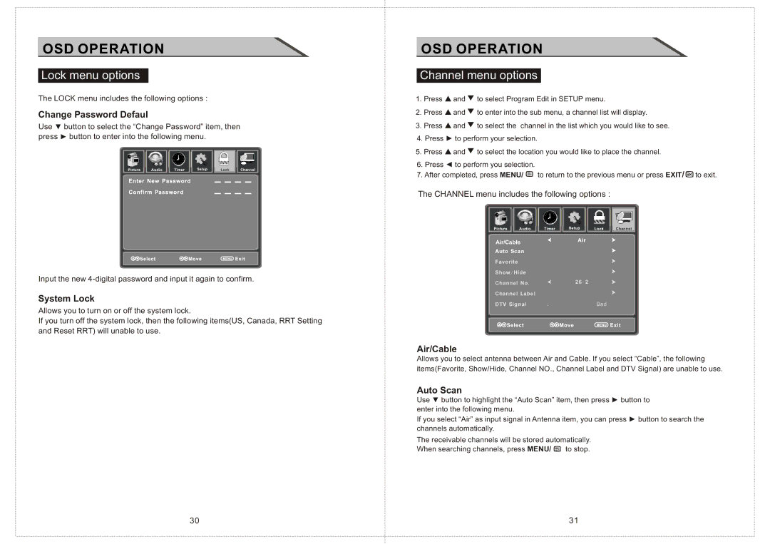Curtis LCD2424A manual Channel menu options, Change Password Defaul, System Lock, Air/Cable, Auto Scan 