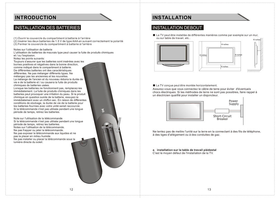 Curtis LCD2424A manual Installation DES Batteries, Installation Debout 