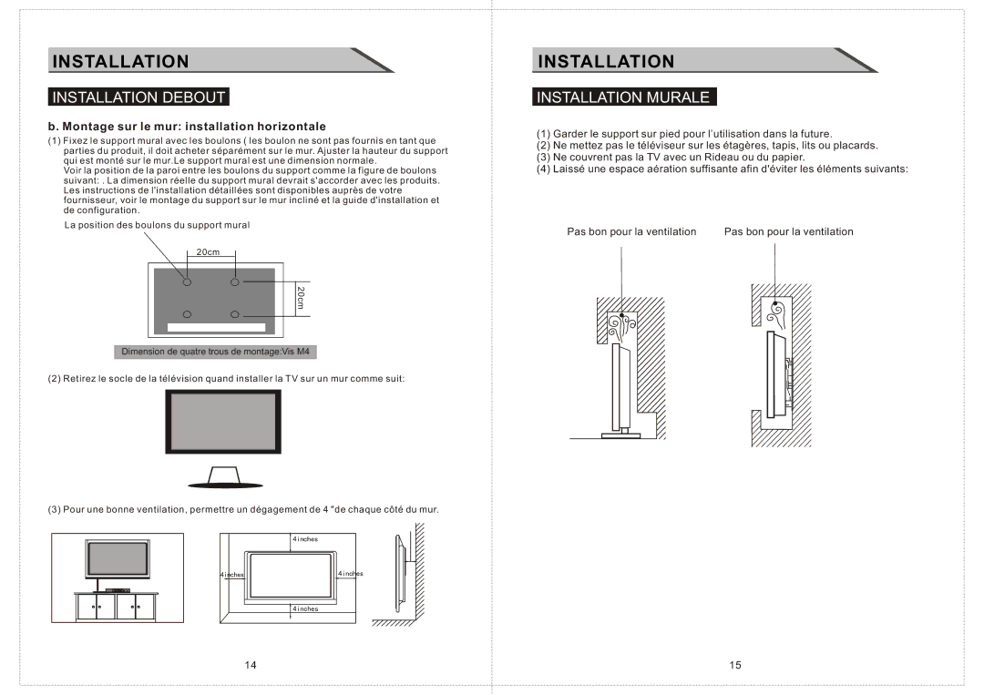 Curtis LCD2424A manual Installation Murale, Montage sur le mur installation horizontale 