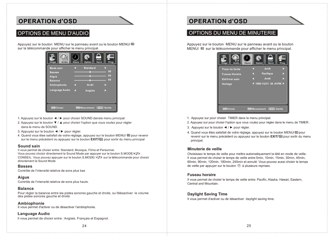 Curtis LCD2424A manual Options DE Menu Daudio, Options DU Menu DE Minuterie 