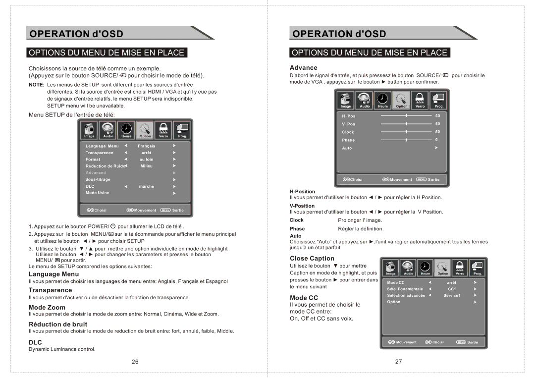 Curtis LCD2424A manual Options DU Menu DE Mise EN Place 