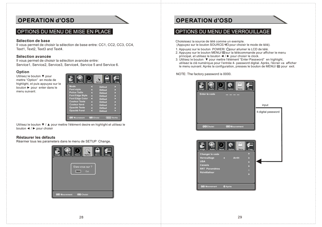 Curtis LCD2424A manual Options DU Menu DE Verrouillage, Sélection de base, Sélection avancée, Réstaurer les défauts 