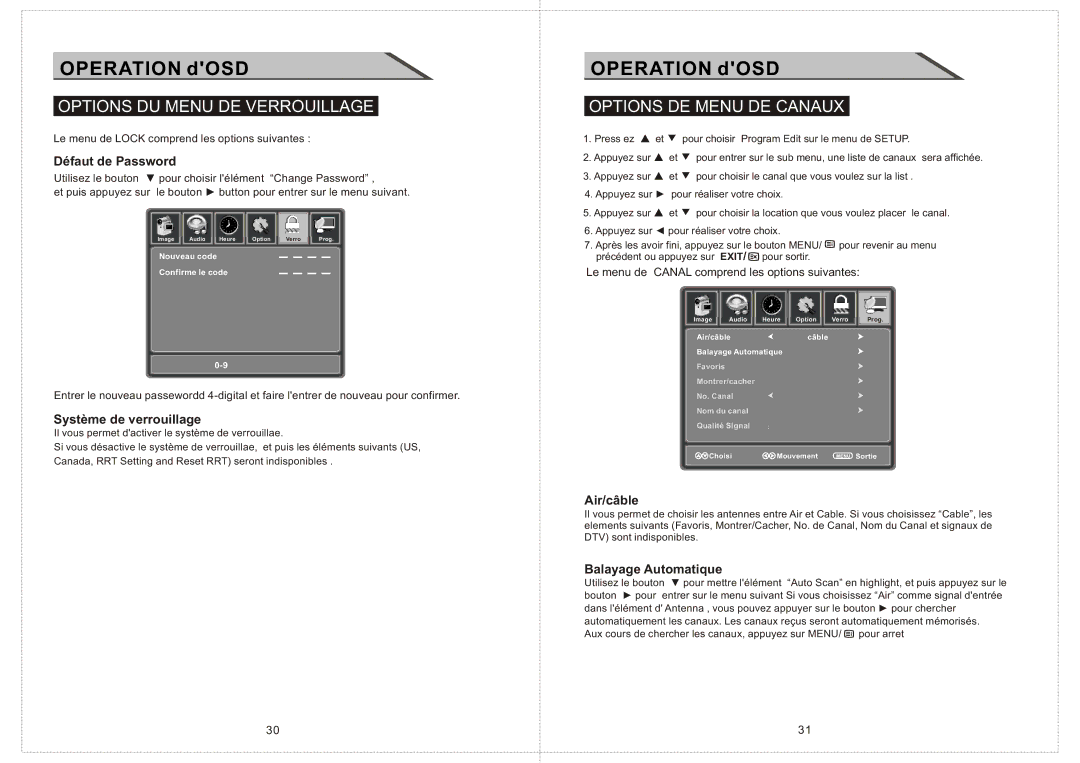 Curtis LCD2424A Options DE Menu DE Canaux, Défaut de Password, Système de verrouillage, Air/câble, Balayage Automatique 