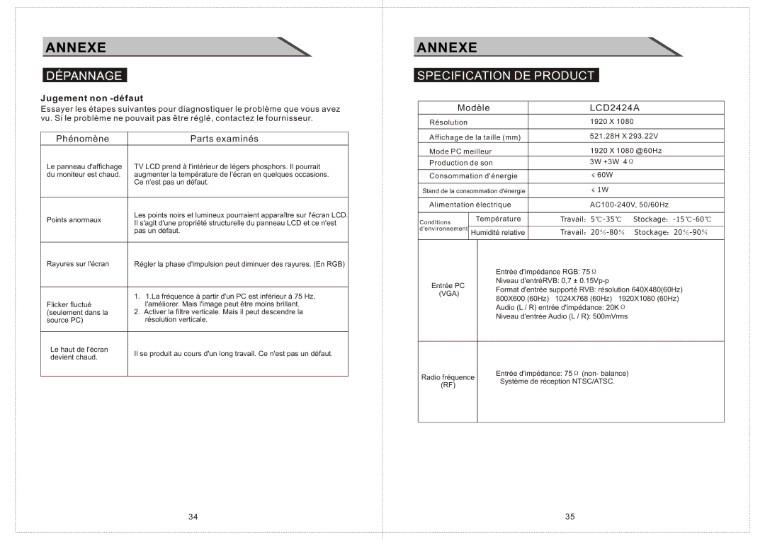 Curtis LCD2424A manual Specification DE Product, Jugement non -défaut 