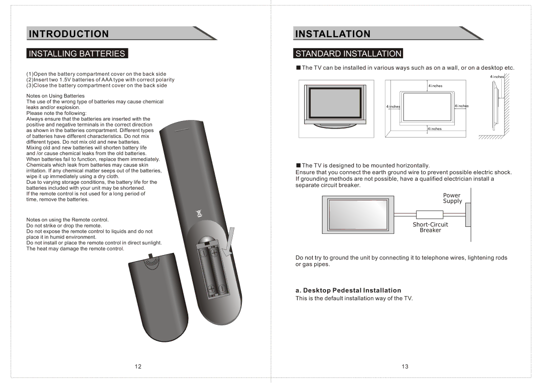 Curtis LCD2424A manual Installing Batteries, Standard Installation, Desktop Pedestal Installation 