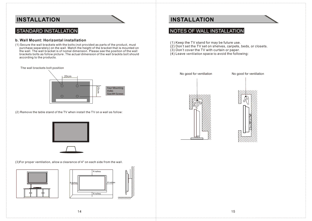 Curtis LCD2424A manual Wall Mount Horizontal installation 