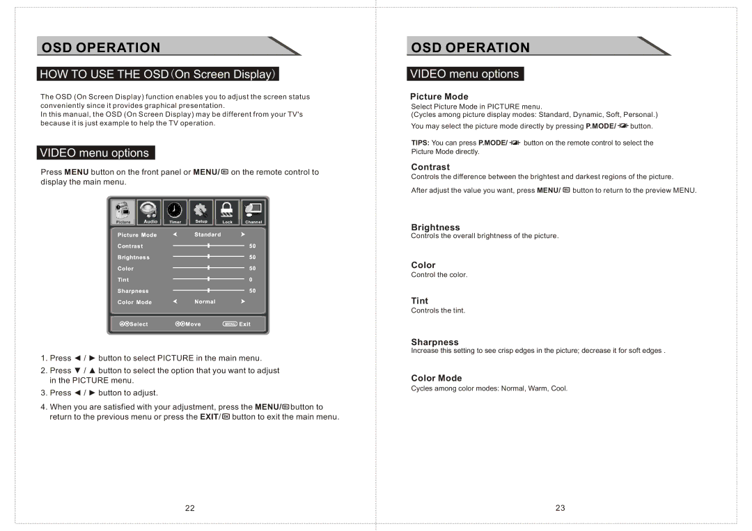 Curtis LCD2603A manual OSD Operation, HOW to USE the OSDOn Screen Display, Video menu options 