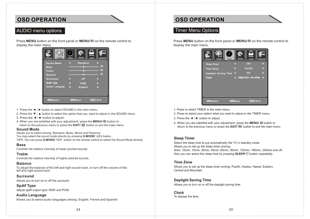 Curtis LCD2603A manual Audio menu options, Timer Menu Options 
