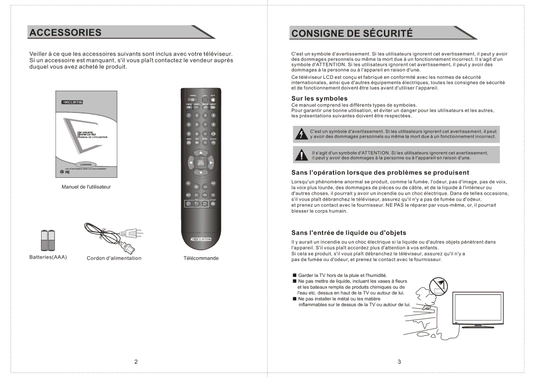 Curtis LCD2603A Sur les symboles, Sans lopération lorsque des problèmes se produisent, Sans lentrée de liquide ou dobjets 