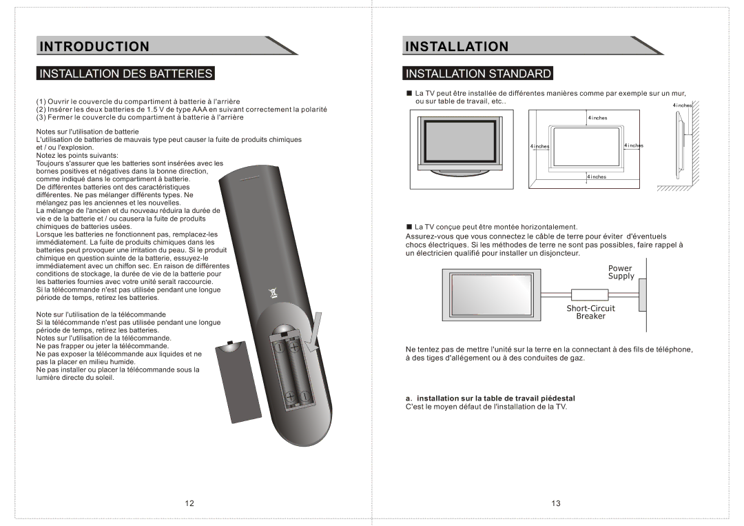 Curtis LCD2603A manual Installation DES Batteries, Installation Standard 