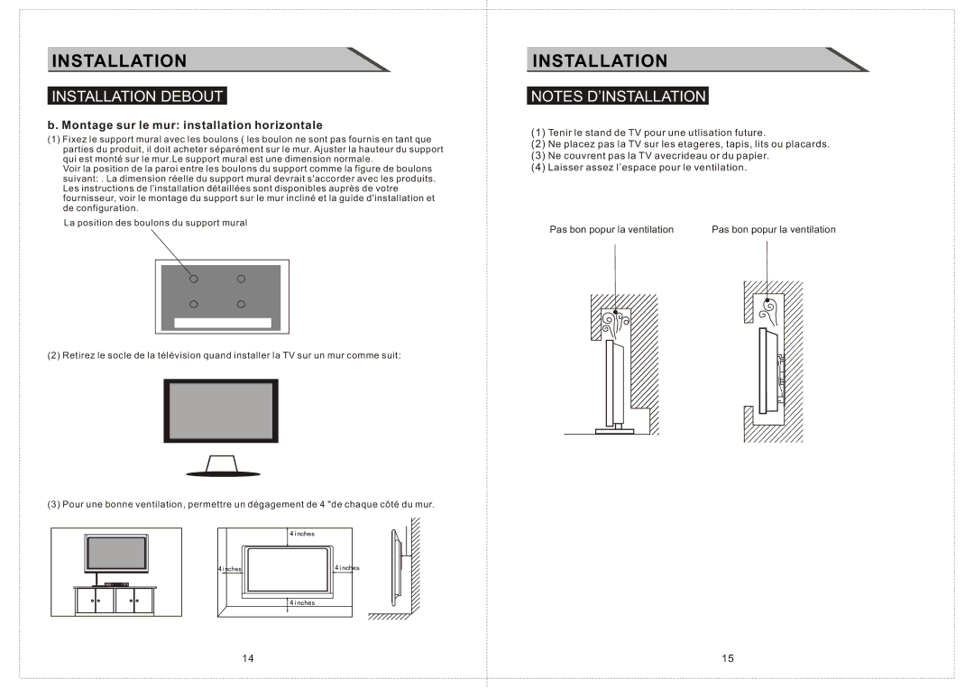 Curtis LCD2603A manual Installation Debout, Montage sur le mur installation horizontale 