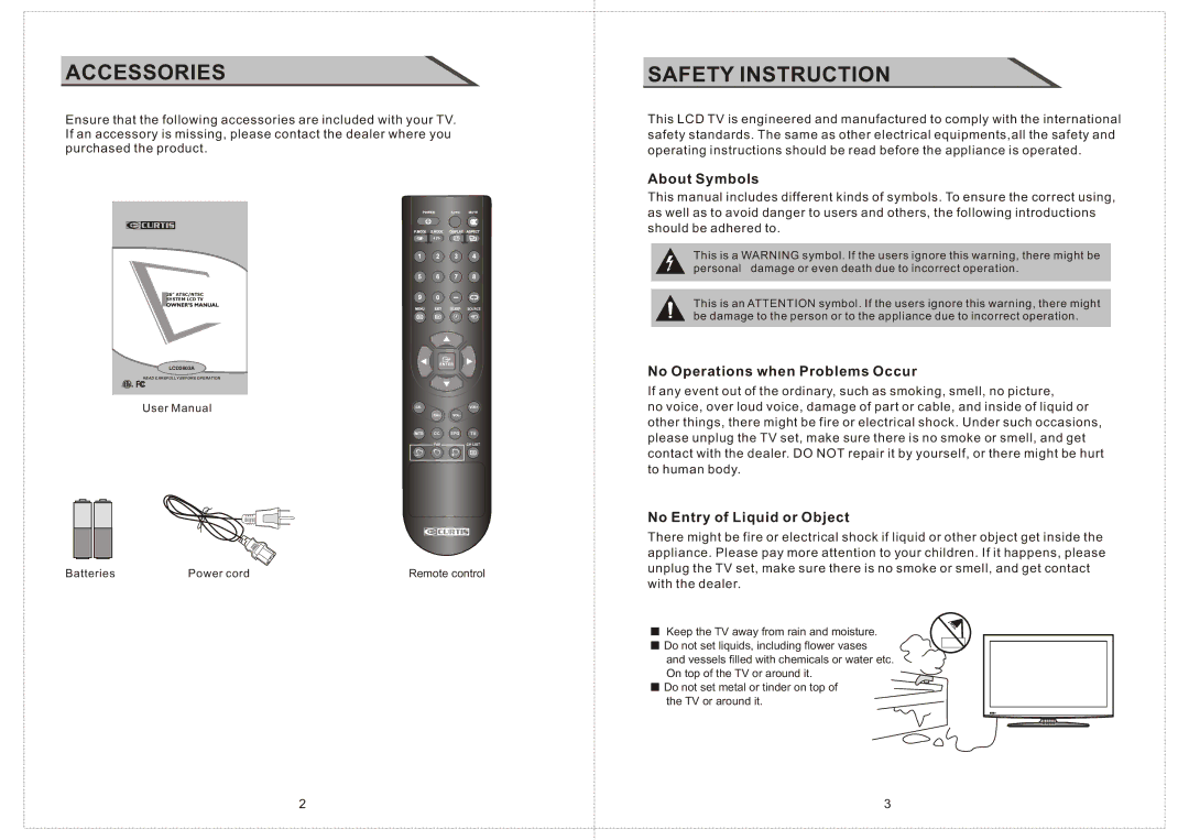 Curtis LCD2603A manual About Symbols, No Operations when Problems Occur, No Entry of Liquid or Object 