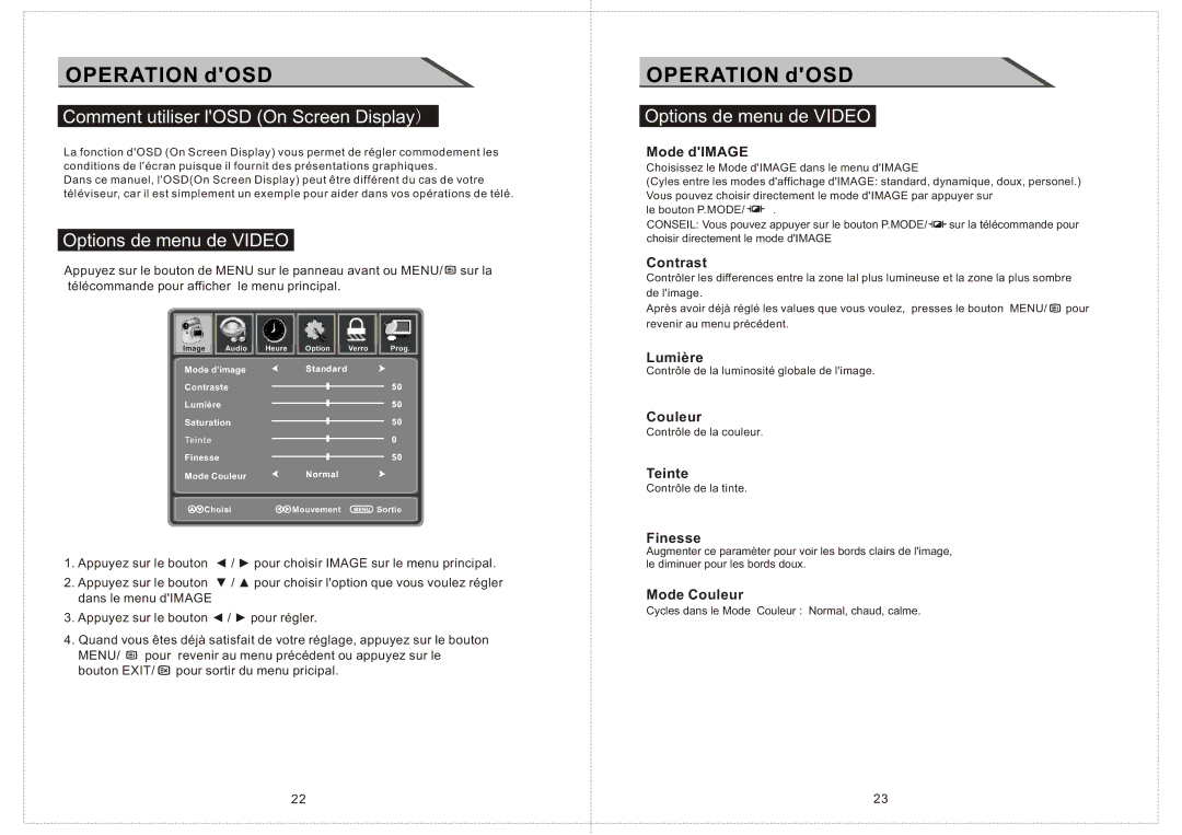 Curtis LCD2603A manual Comment utiliser lOSD On Screen Display, Options de menu de Video 