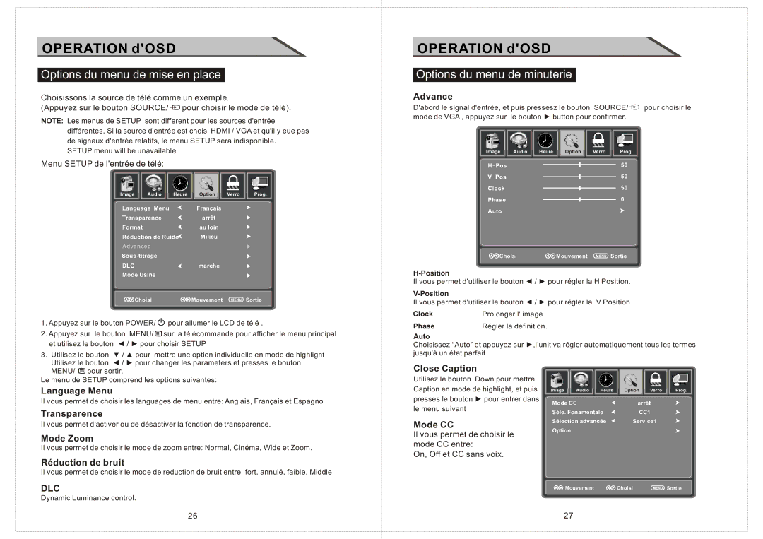 Curtis LCD2603A manual Options du menu de mise en place 