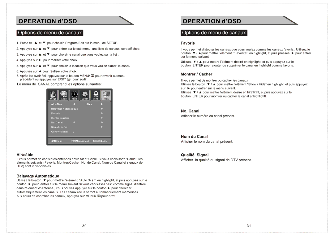 Curtis LCD2603A manual Options de menu de canaux 