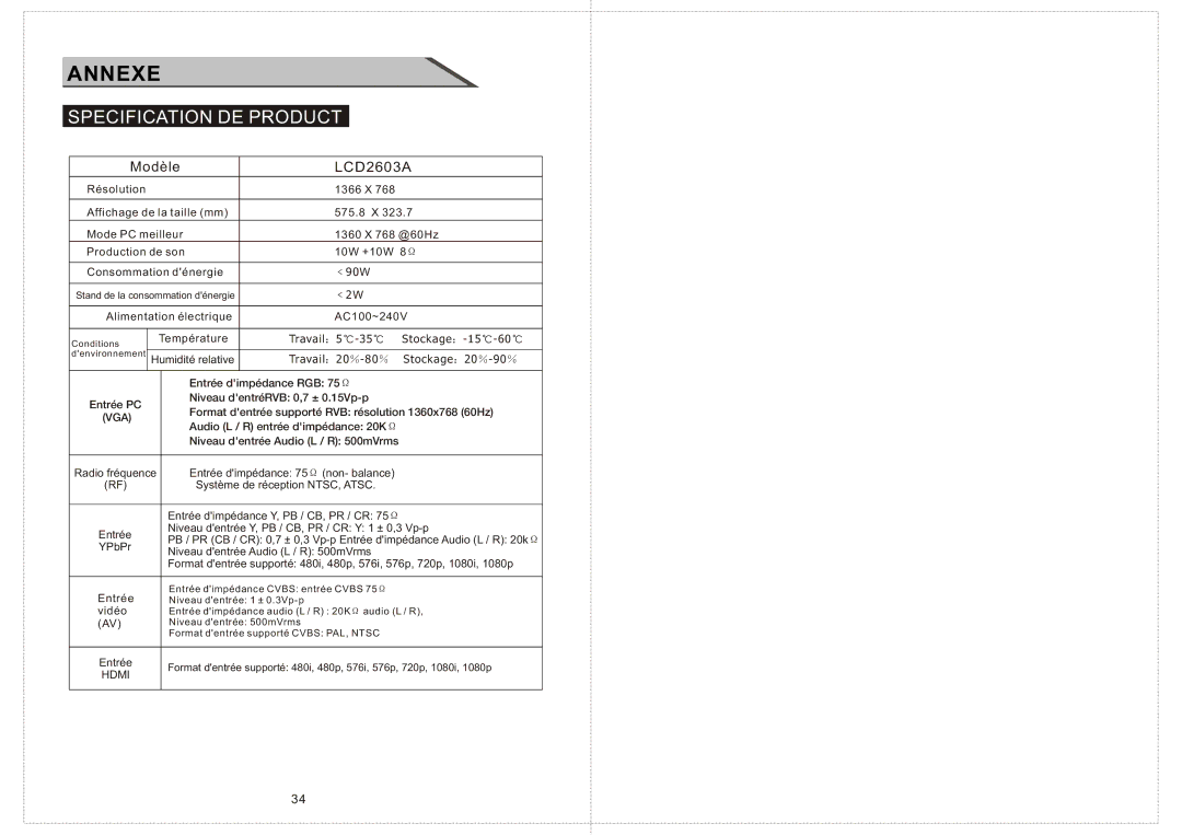 Curtis manual Specification DE Product, Modèle LCD2603A 