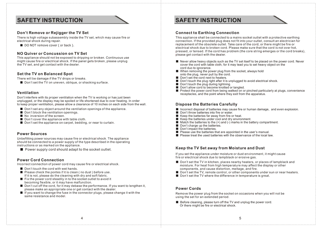 Curtis LCD2603A manual Don’t Remove or Rejigger the TV Set, No Quiver or Concussion on TV Set, Set the TV on Balanced Spot 