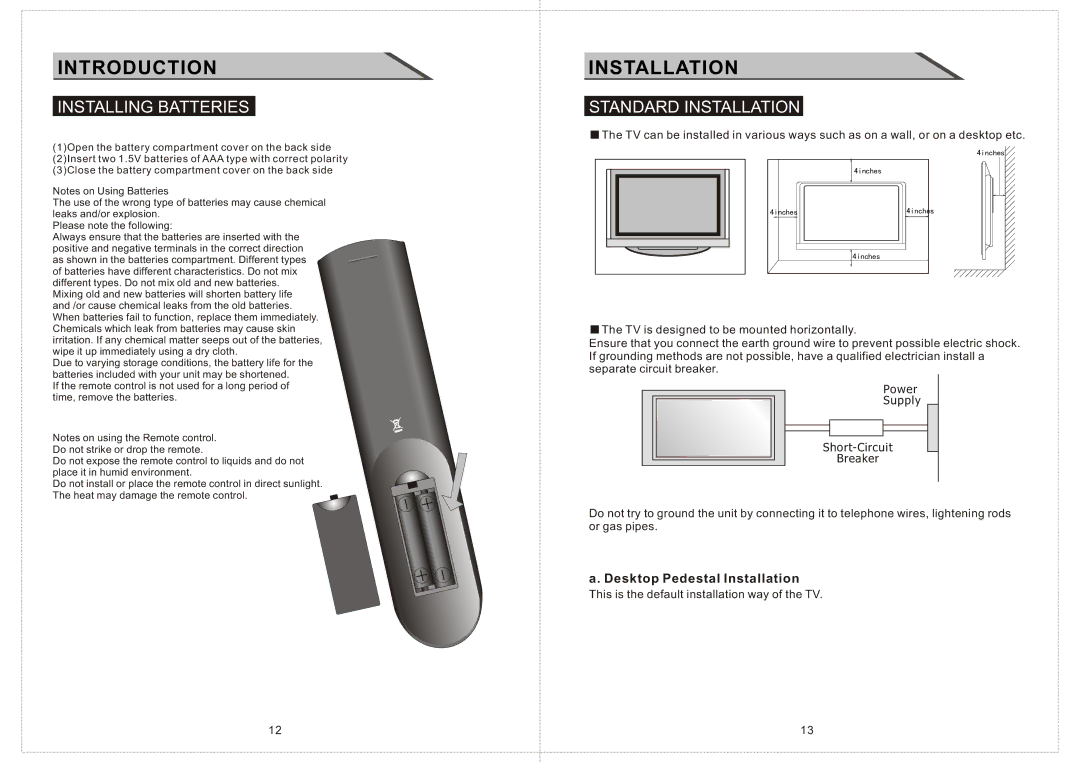 Curtis LCD2603A manual Introduction, Installing Batteries, Standard Installation, Desktop Pedestal Installation 