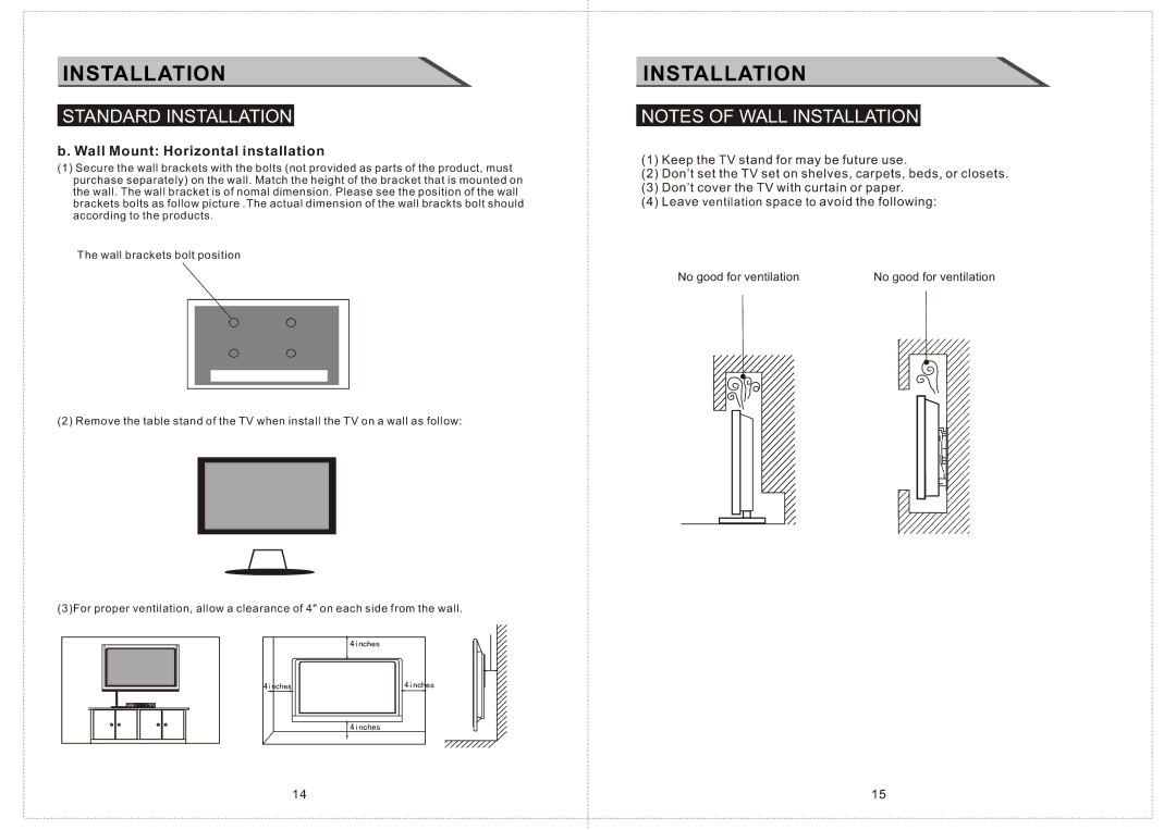 Curtis LCD2603A manual Wall Mount Horizontal installation 