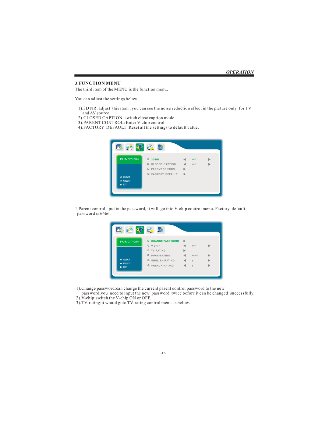 Curtis LCD3213 user manual Function Menu 