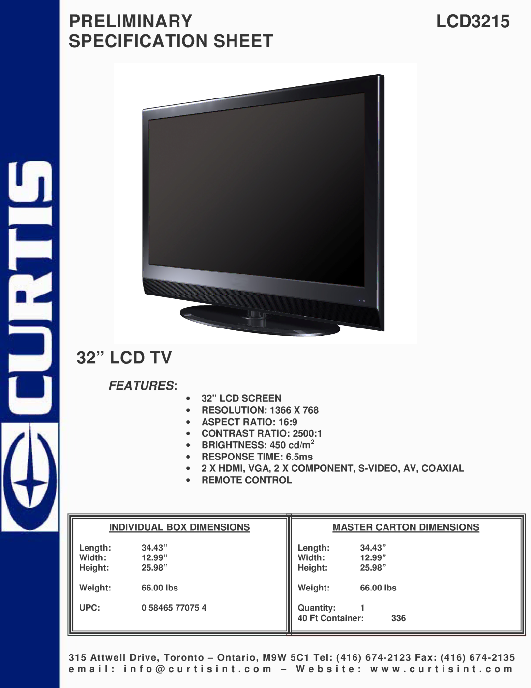 Curtis specifications PRELIMINARYLCD3215 Specification Sheet, Lcd Tv, Features 