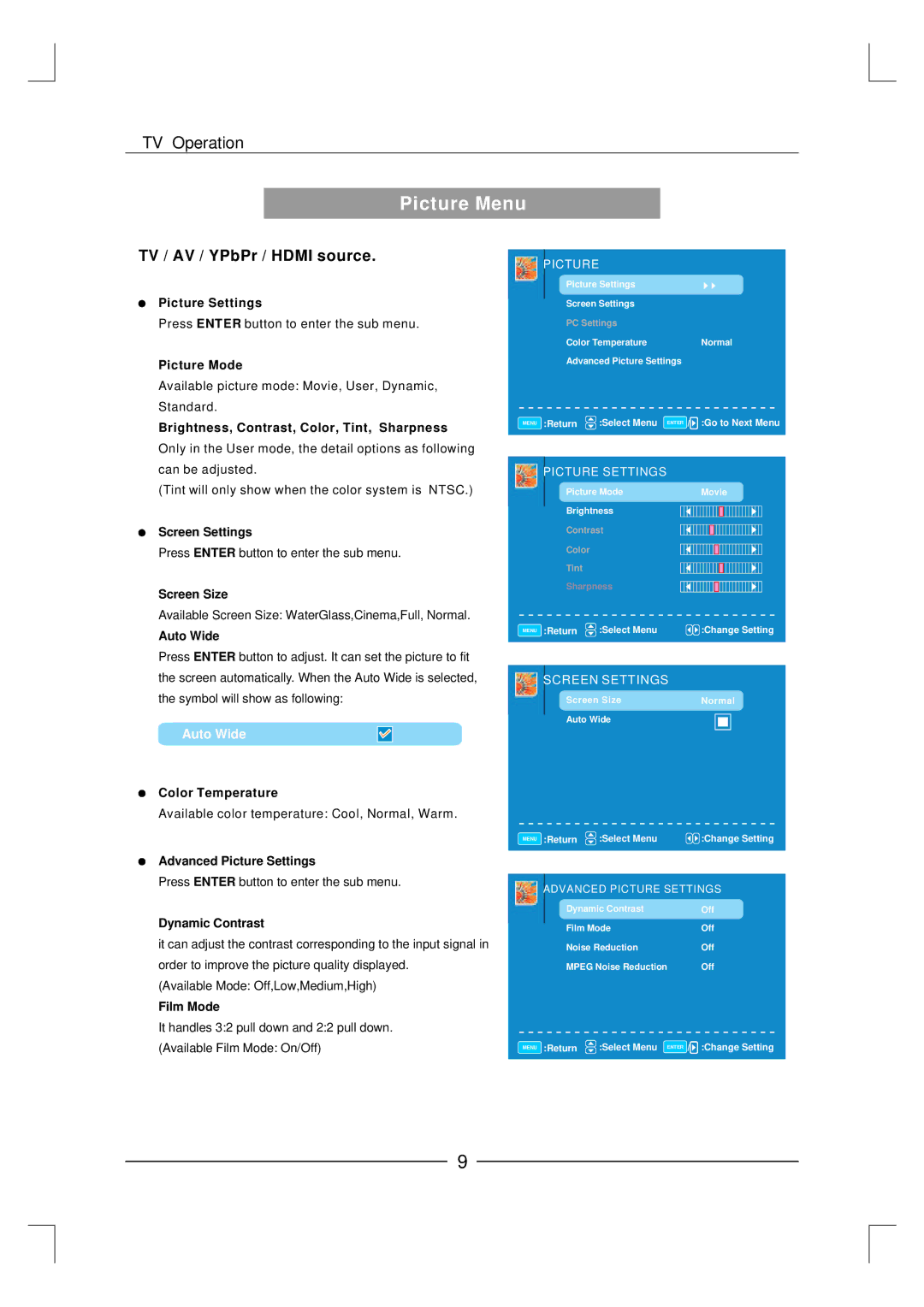 Curtis LCD3227A-2 user manual Picture Menu, Auto Wide 