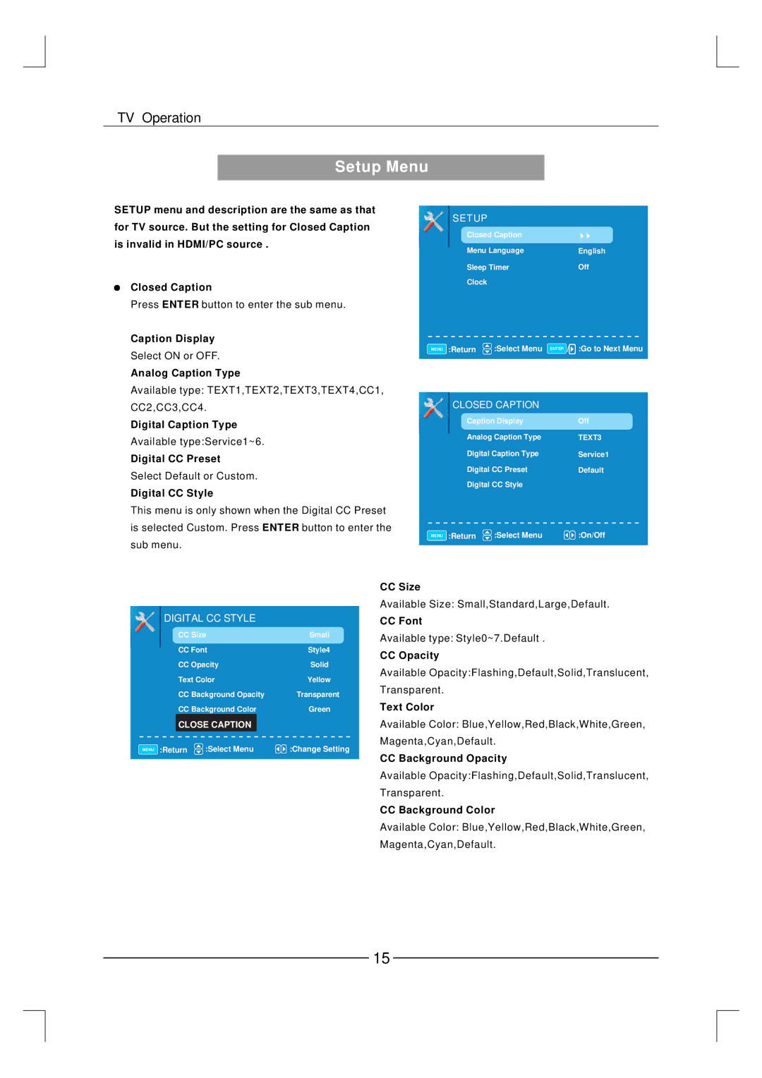 Curtis LCD3227A-2 user manual Setup Menu 