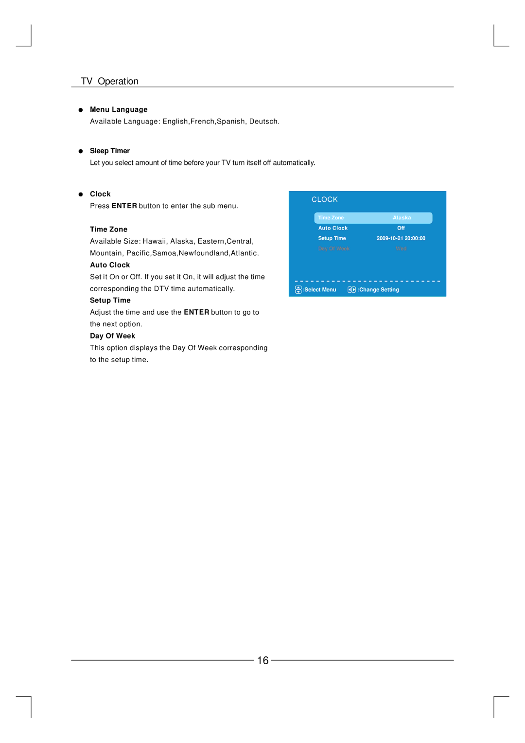 Curtis LCD3227A-2 user manual Menu Language, Sleep Timer, Time Zone, Auto Clock, Setup Time, Day Of Week 