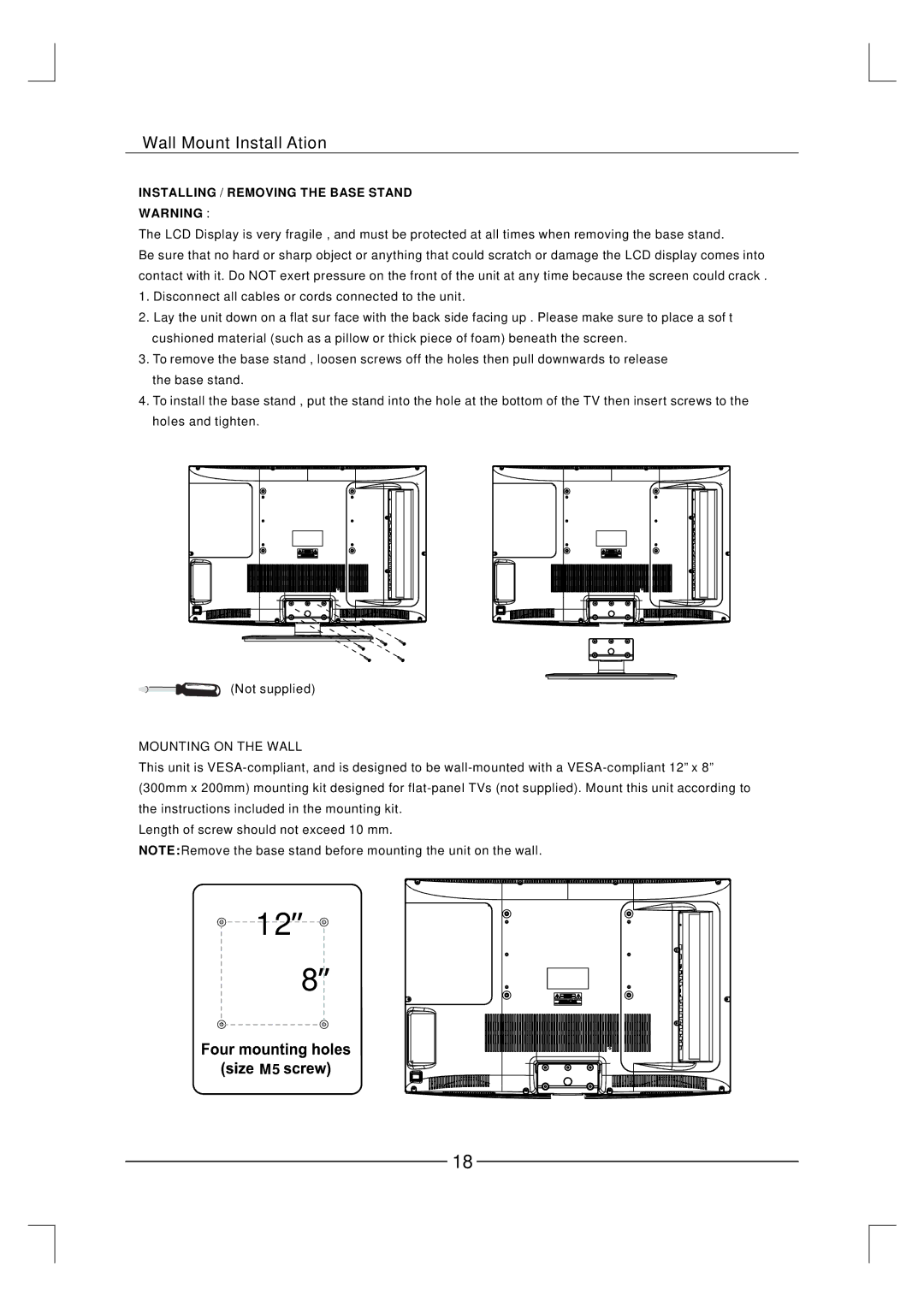 Curtis LCD3227A-2 user manual Wall Mount Install Ation, Mounting on the Wall 