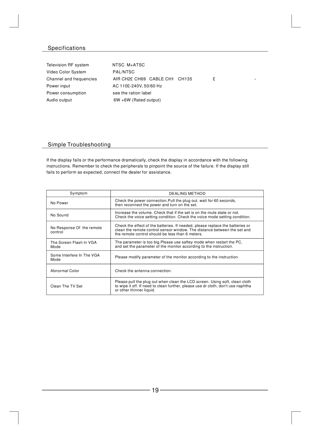 Curtis LCD3227A-2 user manual Specifications, Simple Troubleshooting 