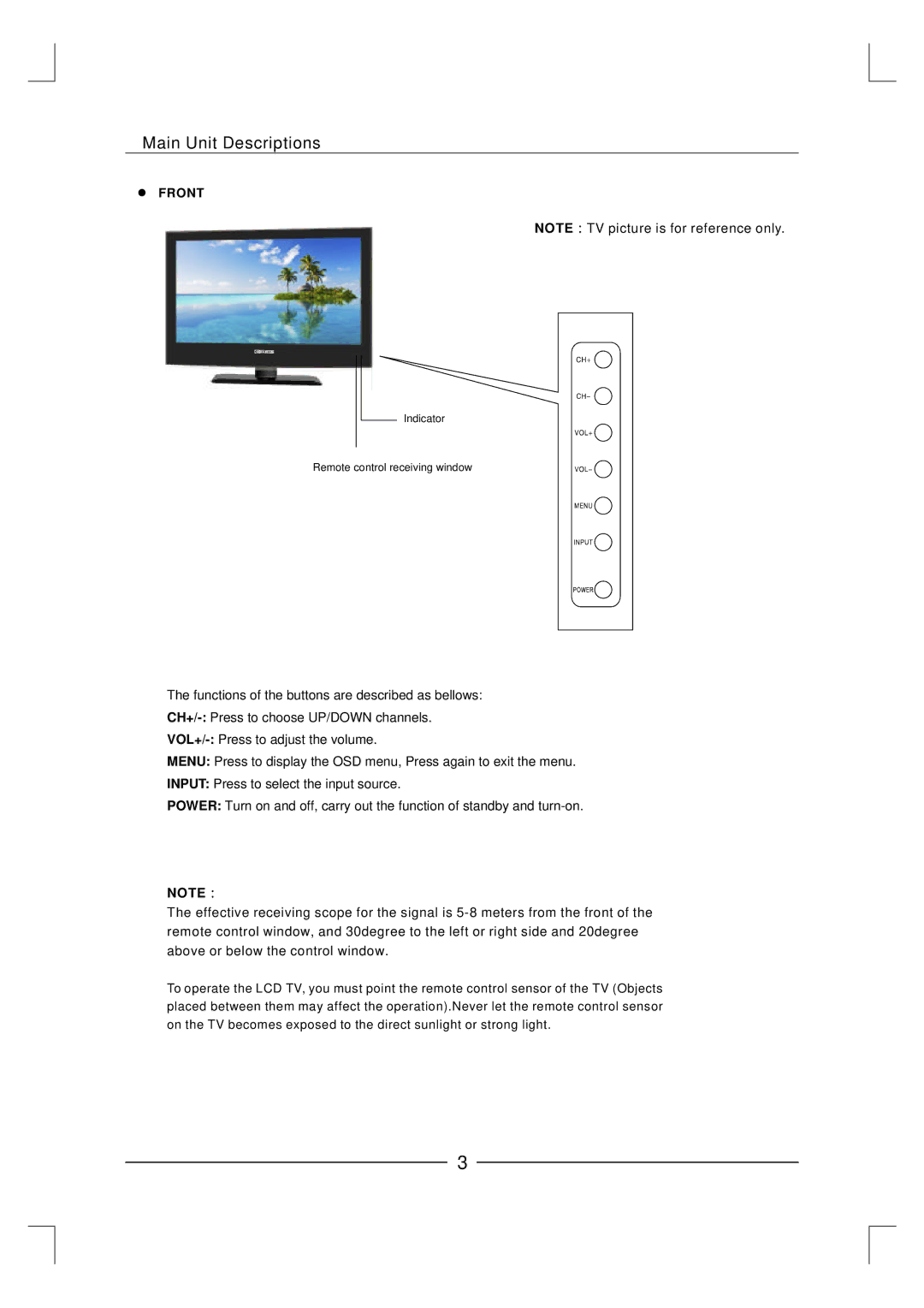 Curtis LCD3227A-2 user manual Main Unit Descriptions, Front 