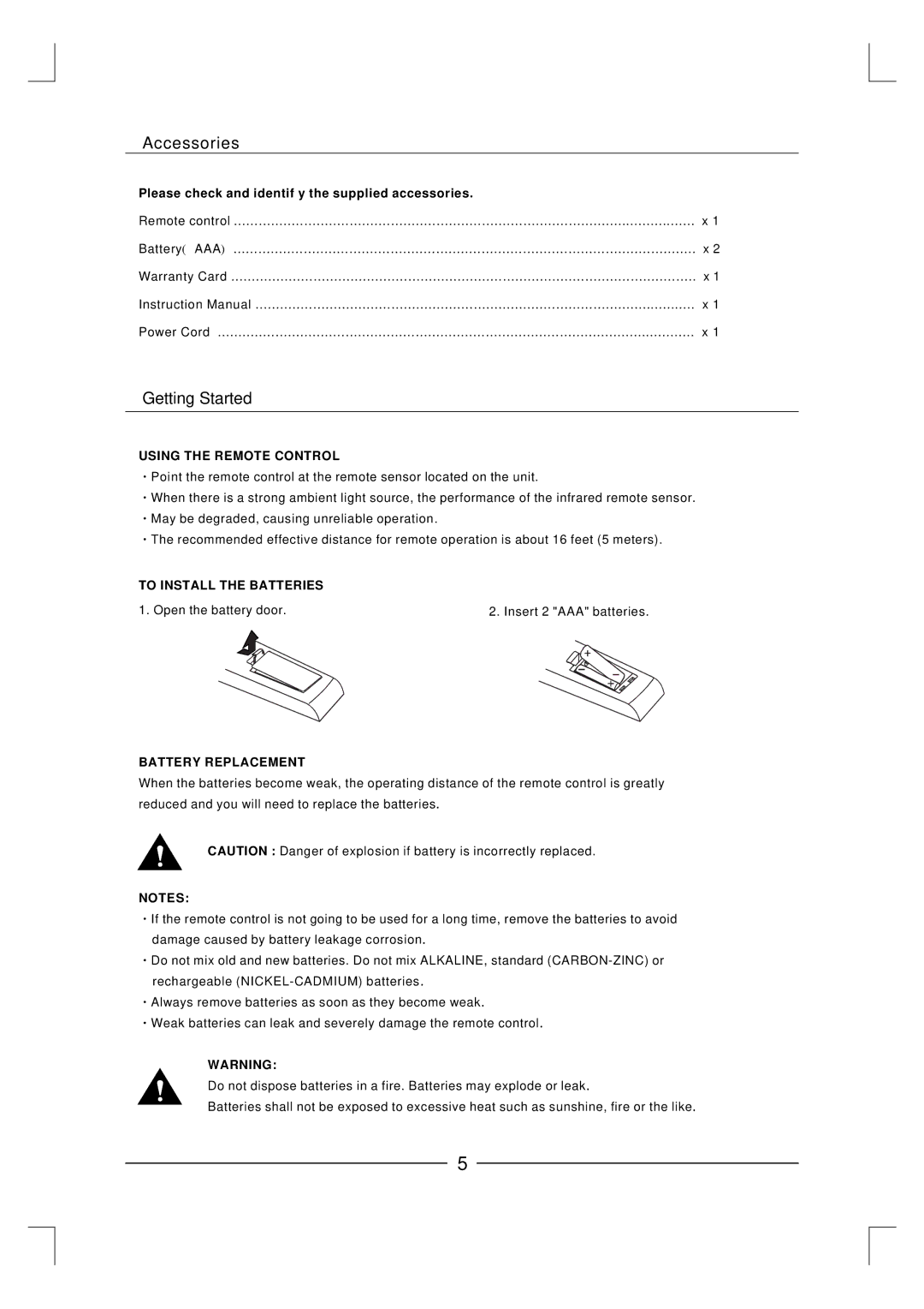 Curtis LCD3227A-2 Accessories, Getting Started, Using the Remote Control, To Install the Batteries, Battery Replacement 