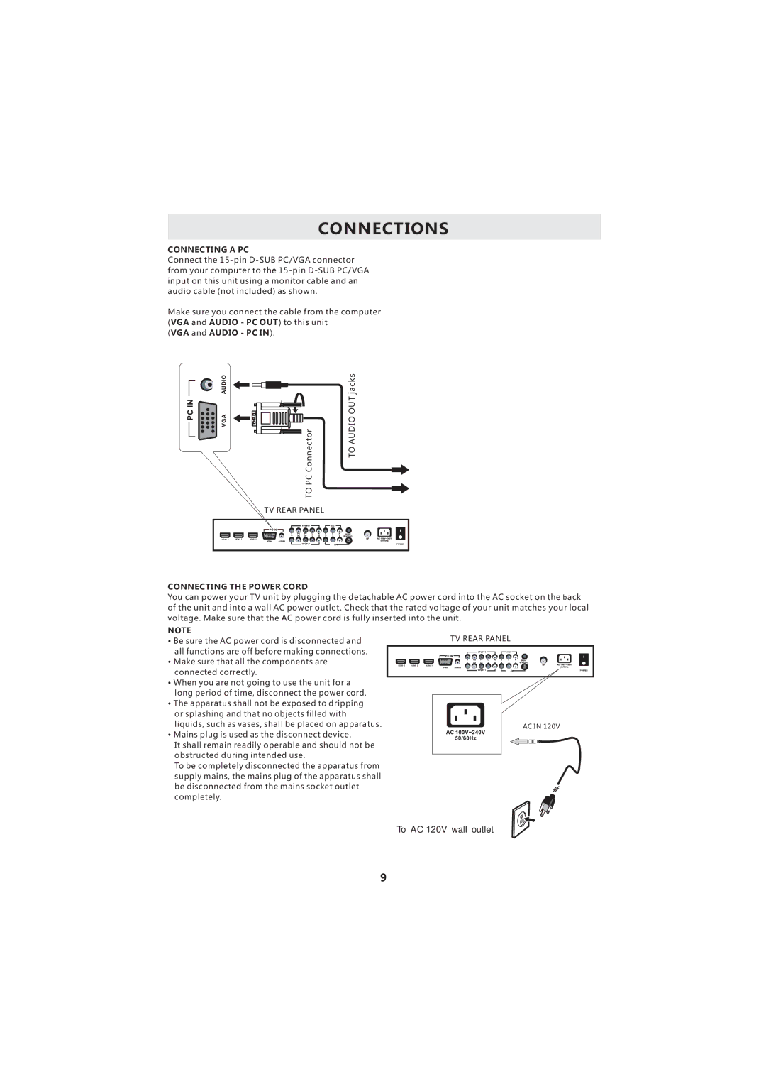 Curtis LCD3718A instruction manual Connecting a PC, Connecting the Power Cord 