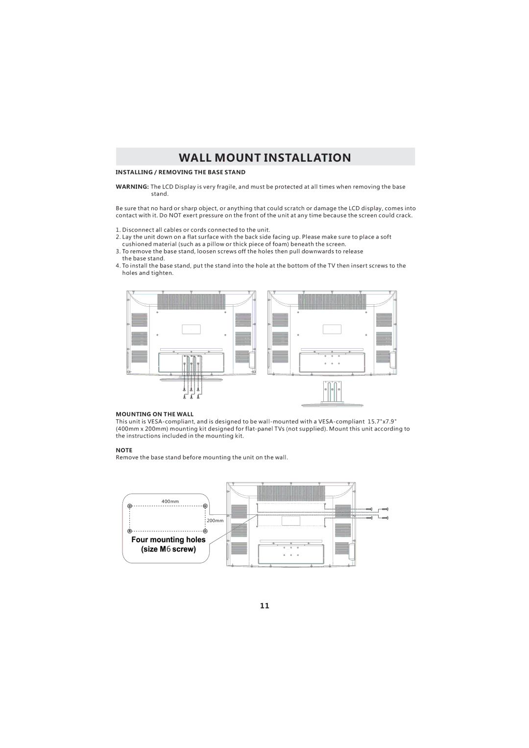 Curtis LCD3718A instruction manual Wall Mount Installation, Installing / Removing the Base Stand, Mounting on the Wall 