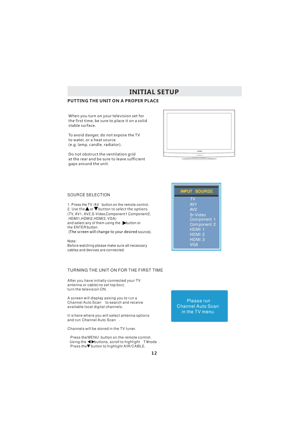 Curtis LCD3718A instruction manual Initial Setup, Putting the Unit on a Proper Place 