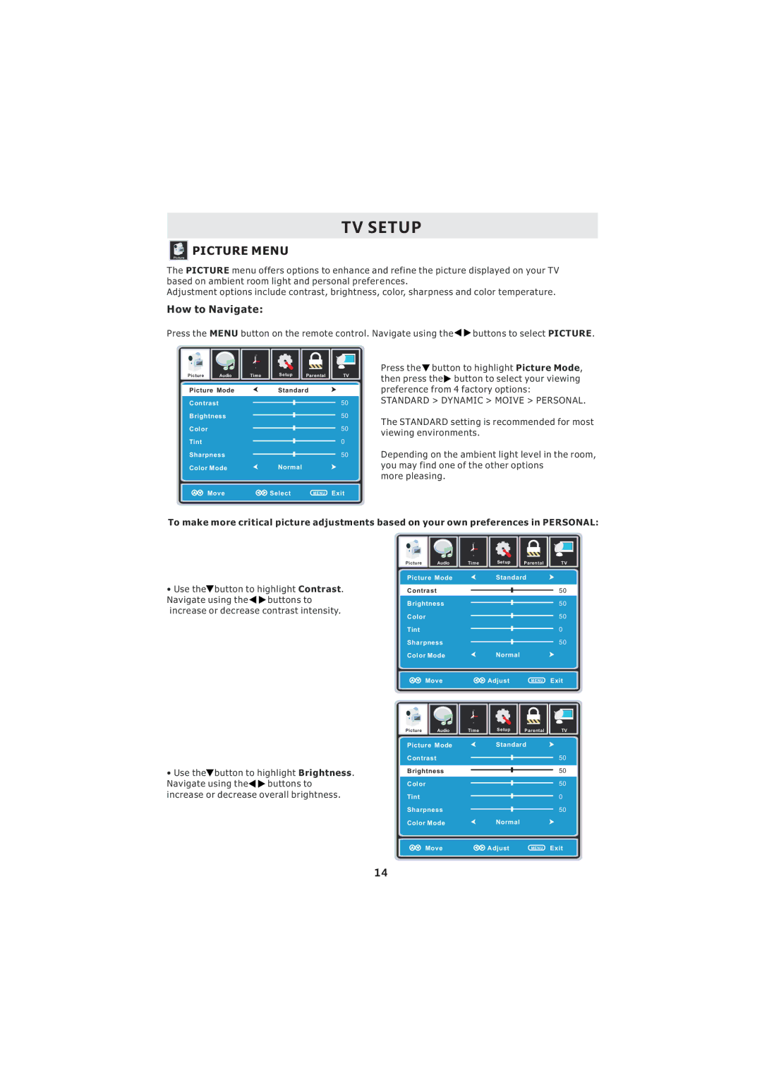 Curtis LCD3718A instruction manual TV Setup, Picture Menu 