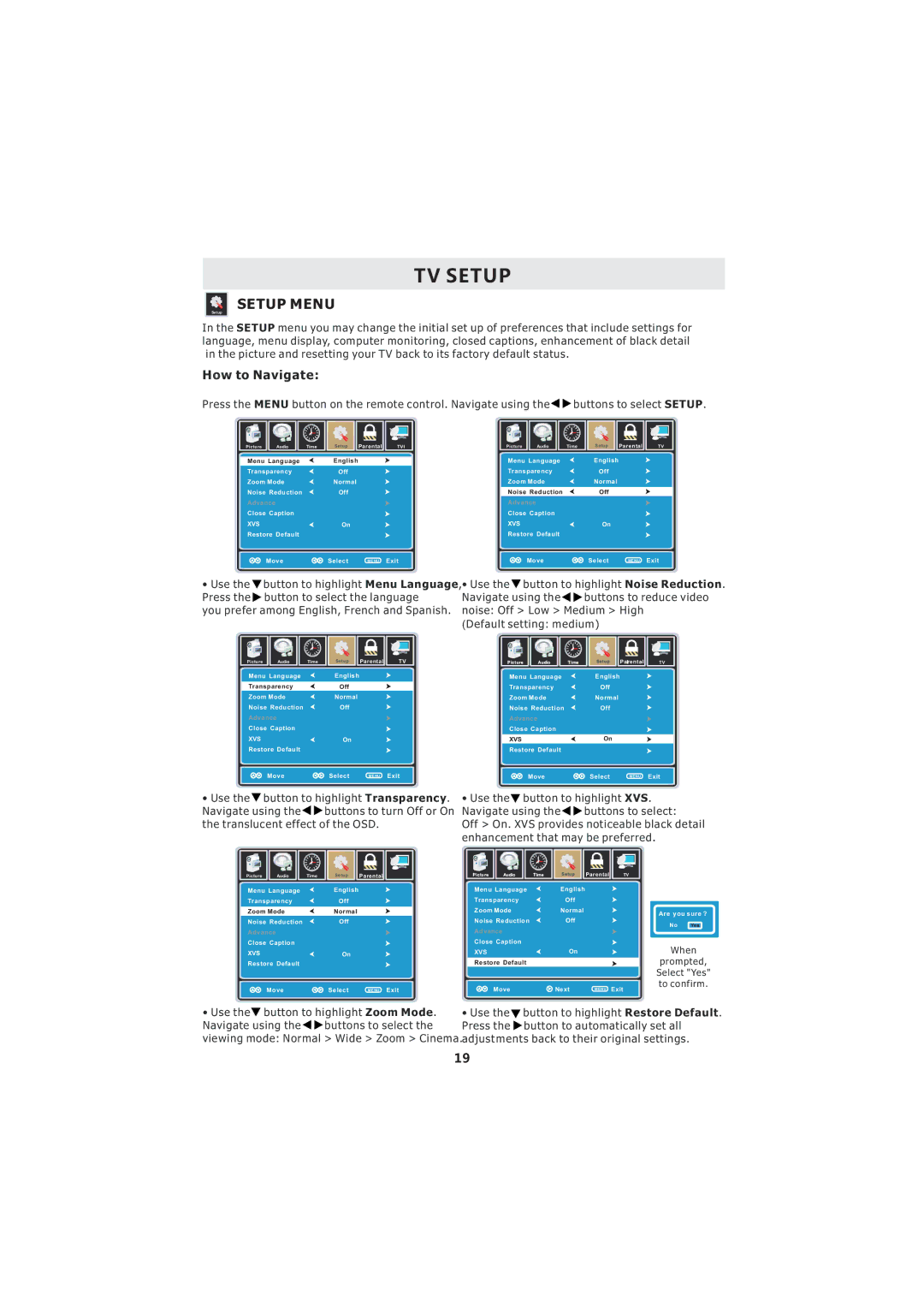 Curtis LCD3718A instruction manual Setup Menu, Xvs 