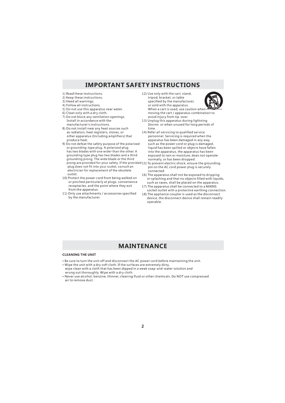 Curtis LCD3718A instruction manual Important Safety Instructions, Maintenance, Cleaning the Unit 