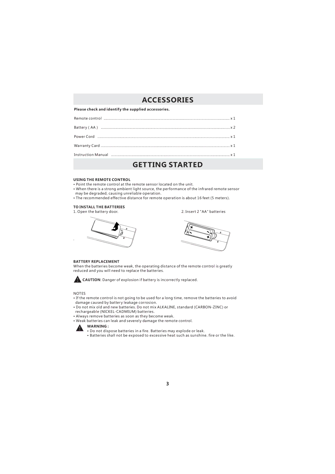 Curtis LCD3718A Accessories, Getting Started, Using the Remote Control, To Install the Batteries, Battery Replacement 