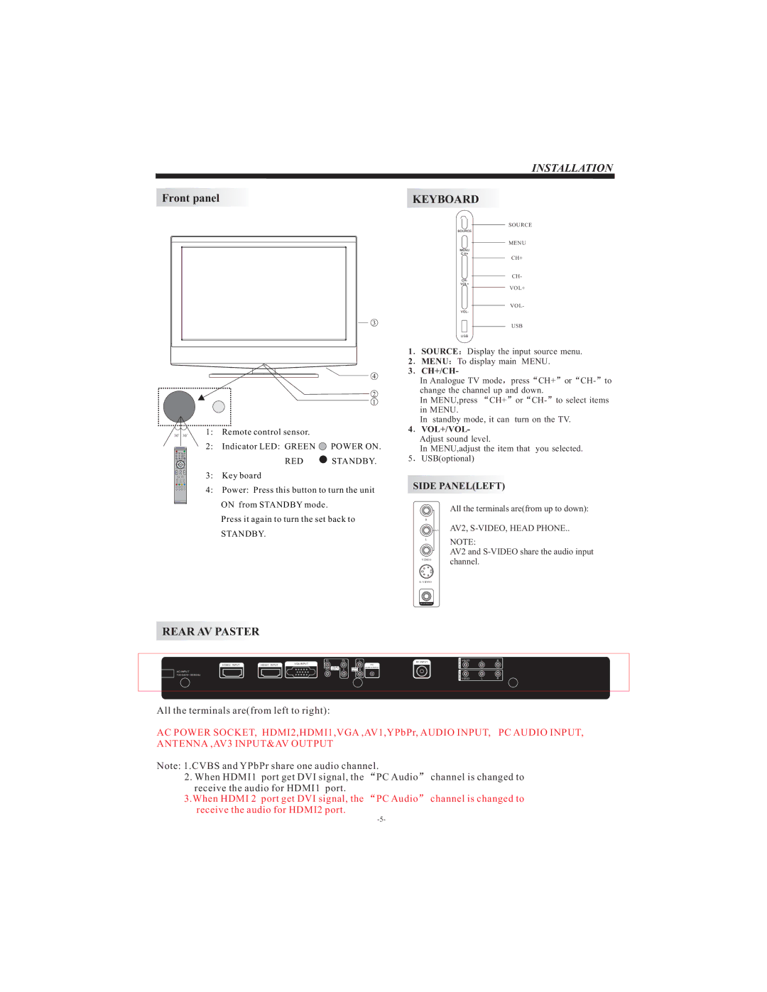 Curtis LCD3798 user manual Installation, Front panelKEYBOARD 