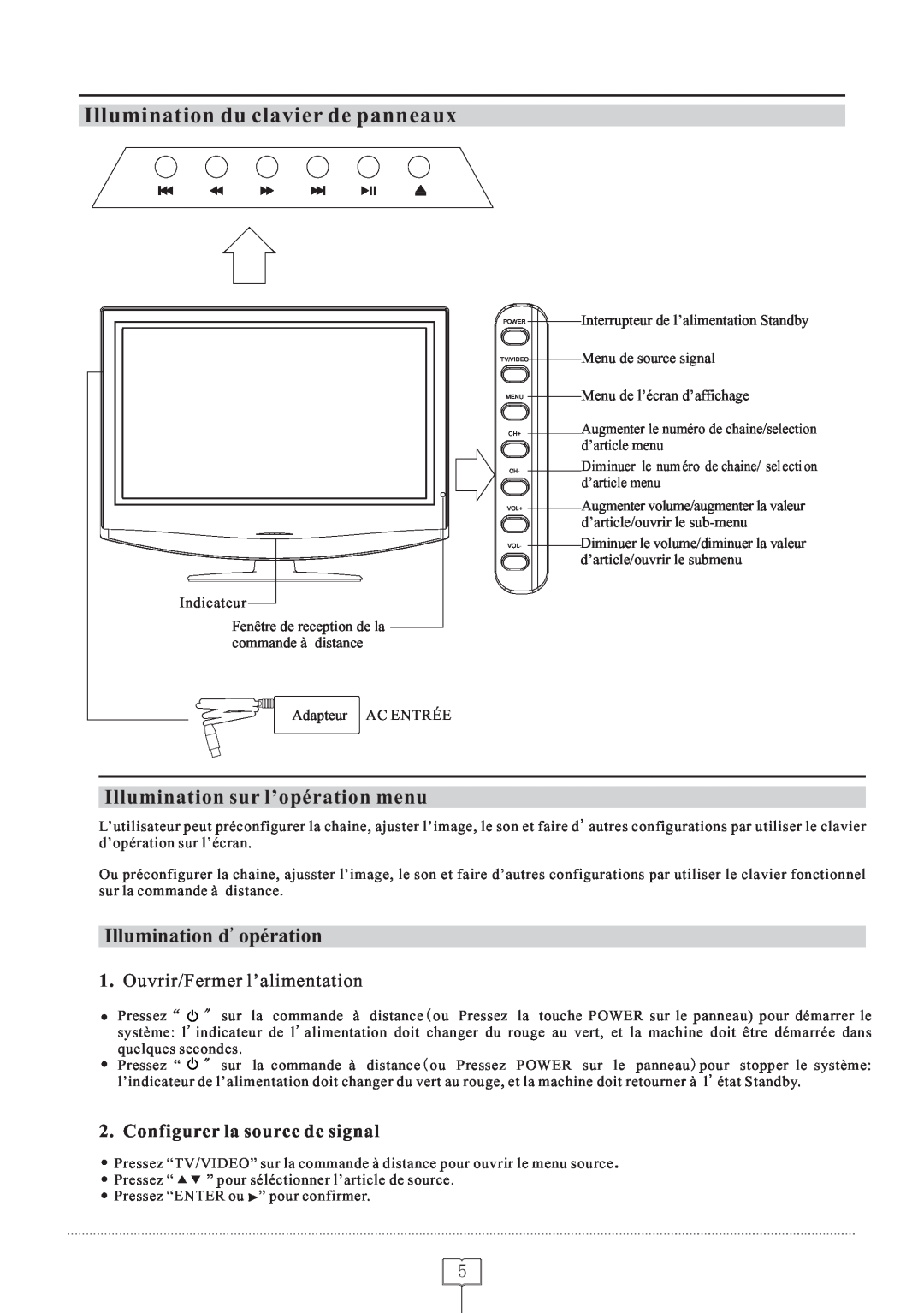 Curtis LCDVD152 manual Illumination sur l’opération menu, Illumination dopération, Ouvrir/Fermer l’alimentation 