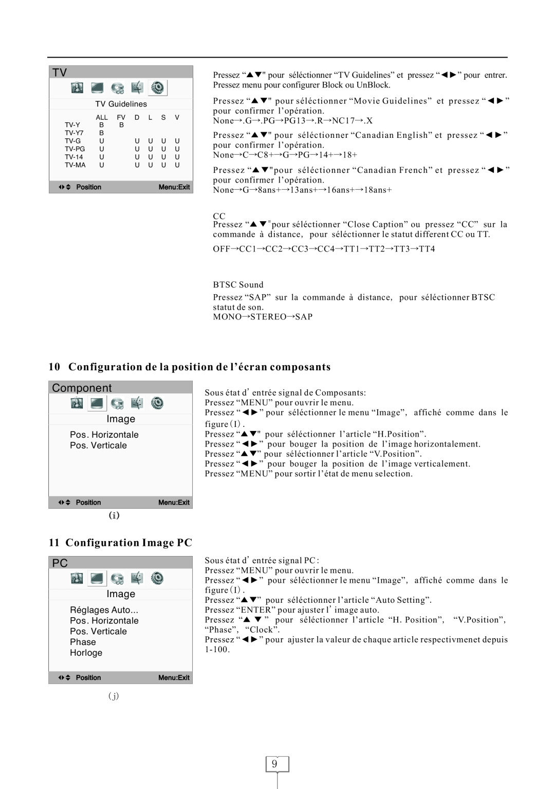 Curtis LCDVD152 manual Component, Configuration de la position de l’écran composants, Configuration Image PC 