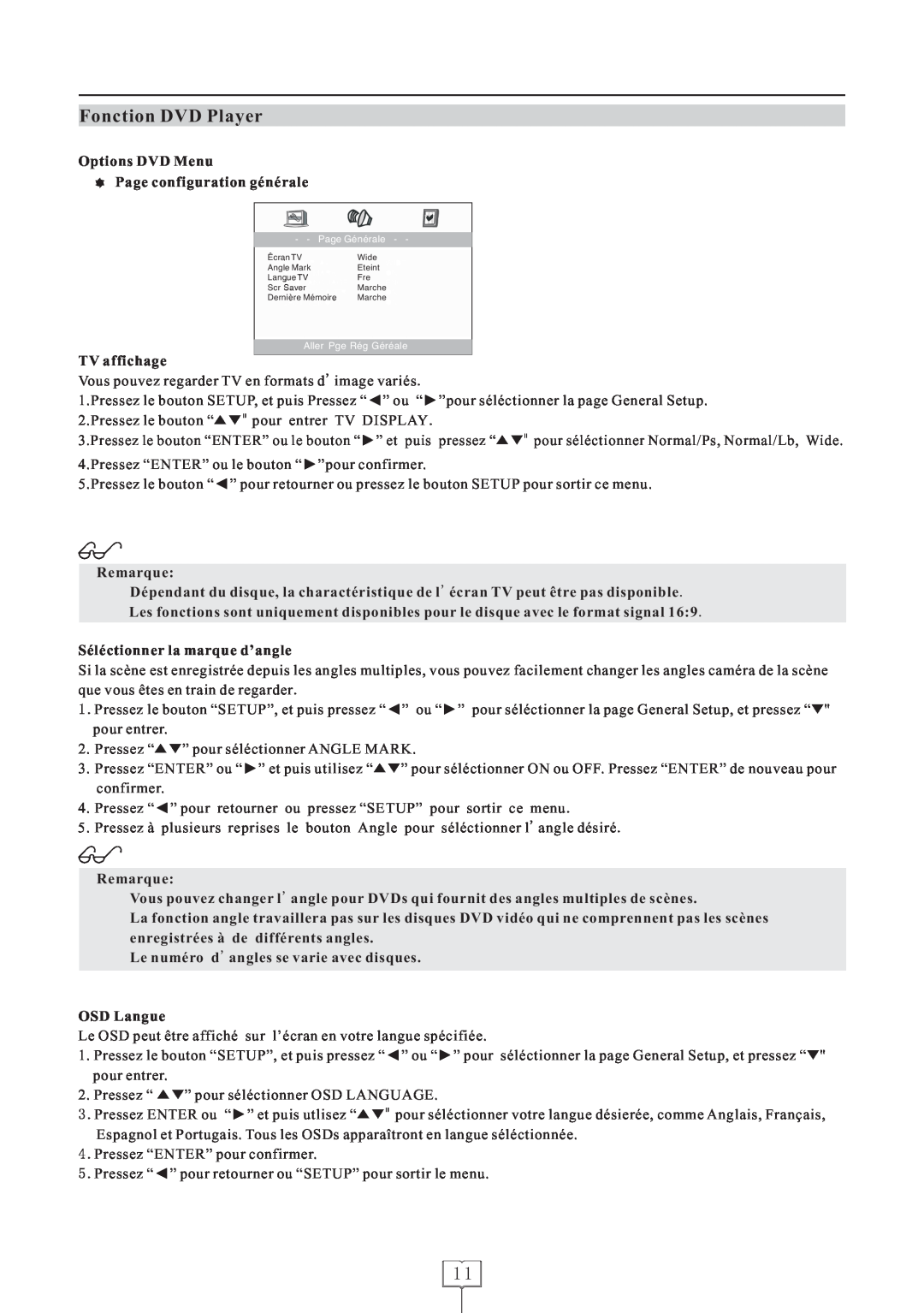 Curtis LCDVD152 manual Options DVD Menu Page configuration générale, TV affichage, Remarque, Séléctionner la marque d’angle 