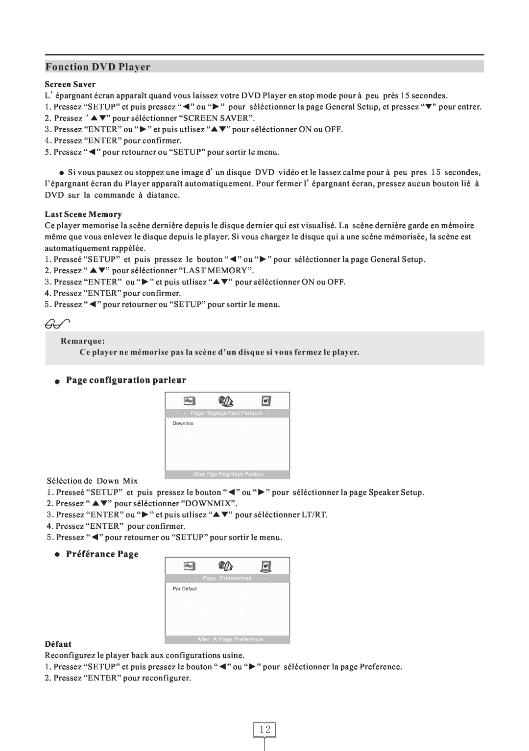 Curtis LCDVD152 manual Page configuration parleur, Préférance Page, Screen Saver, Last Scene Memory, Remarque, Défaut 