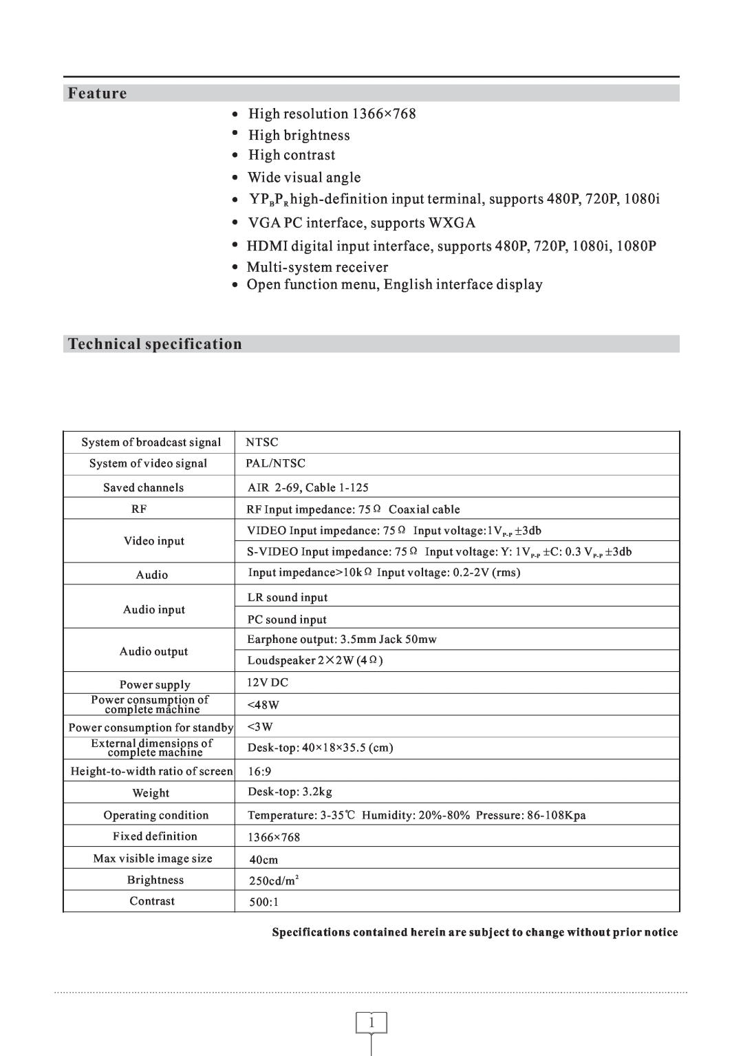 Curtis LCDVD152 manual Feature, Technical specification, High resolution 1366×768 High brightness High contrast 
