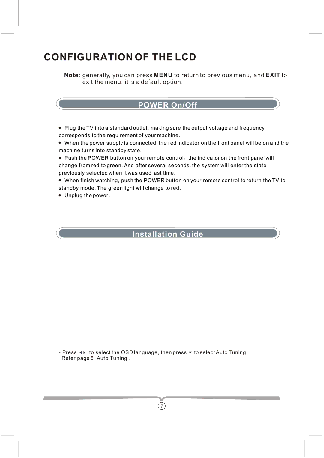 Curtis LCDVD152UK manual Configuration of the LCD, Power On/Off, Installation Guide 