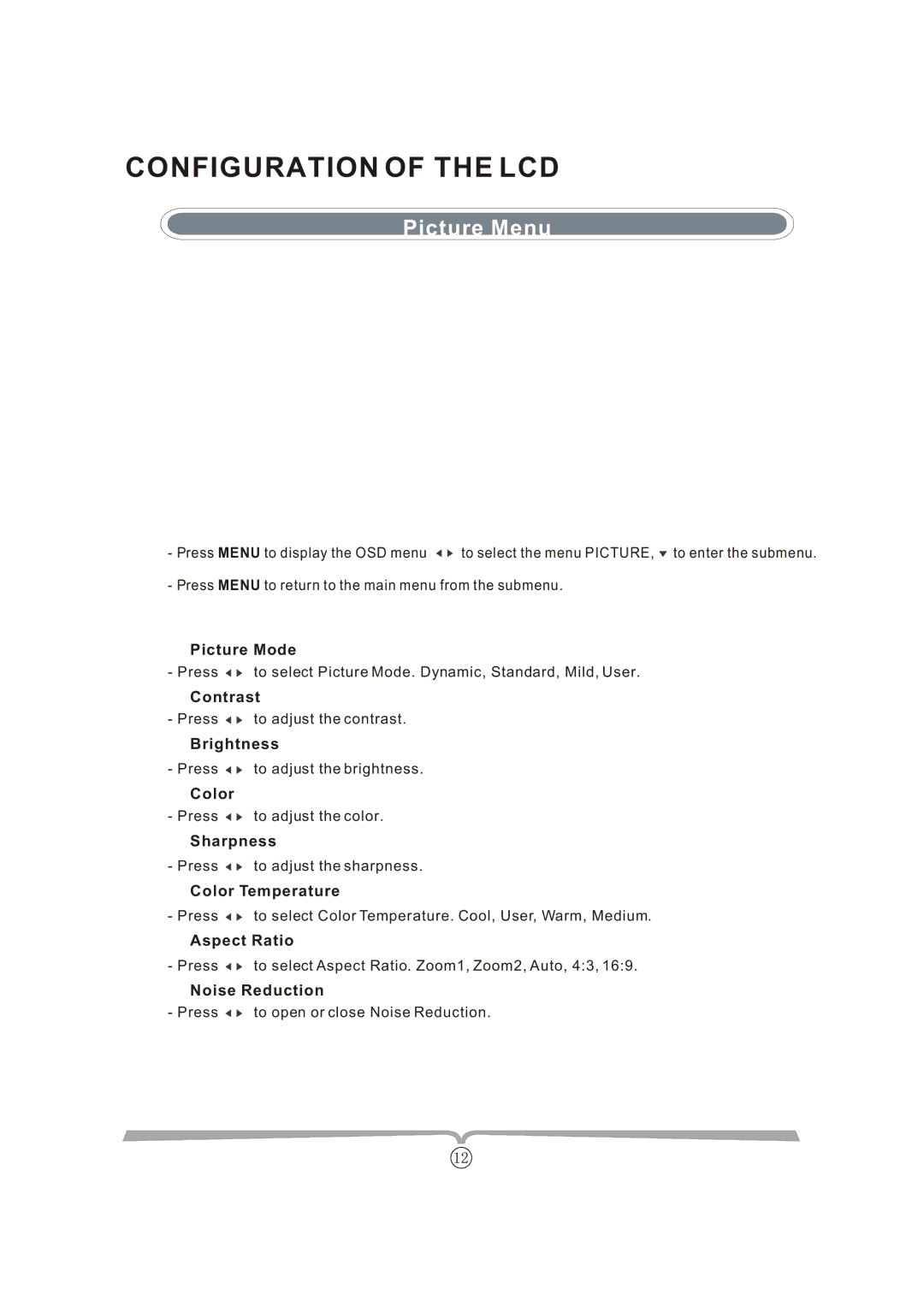 Curtis LCDVD152UK manual Picture Menu 