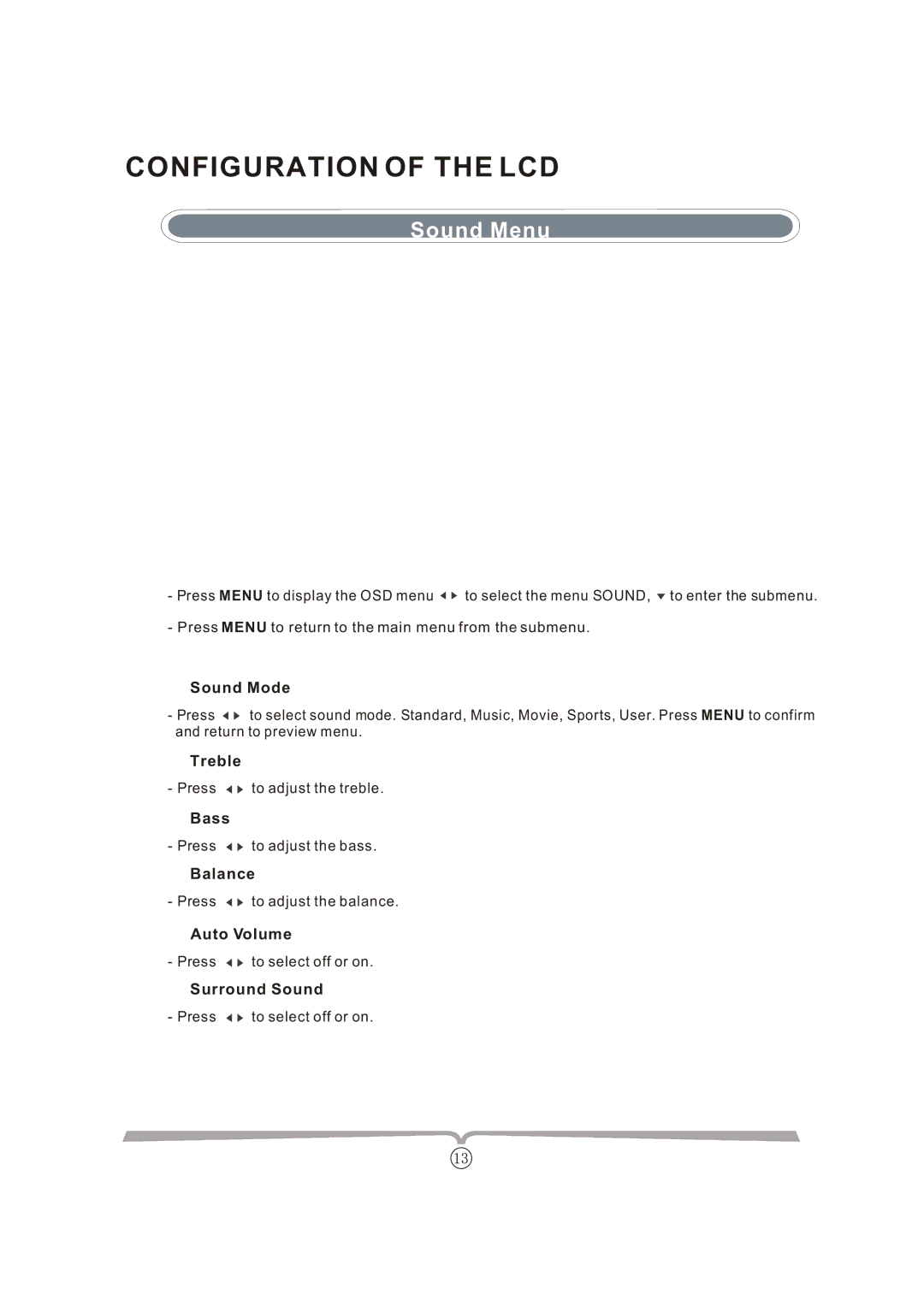 Curtis LCDVD152UK manual Sound Menu, Sound Mode 