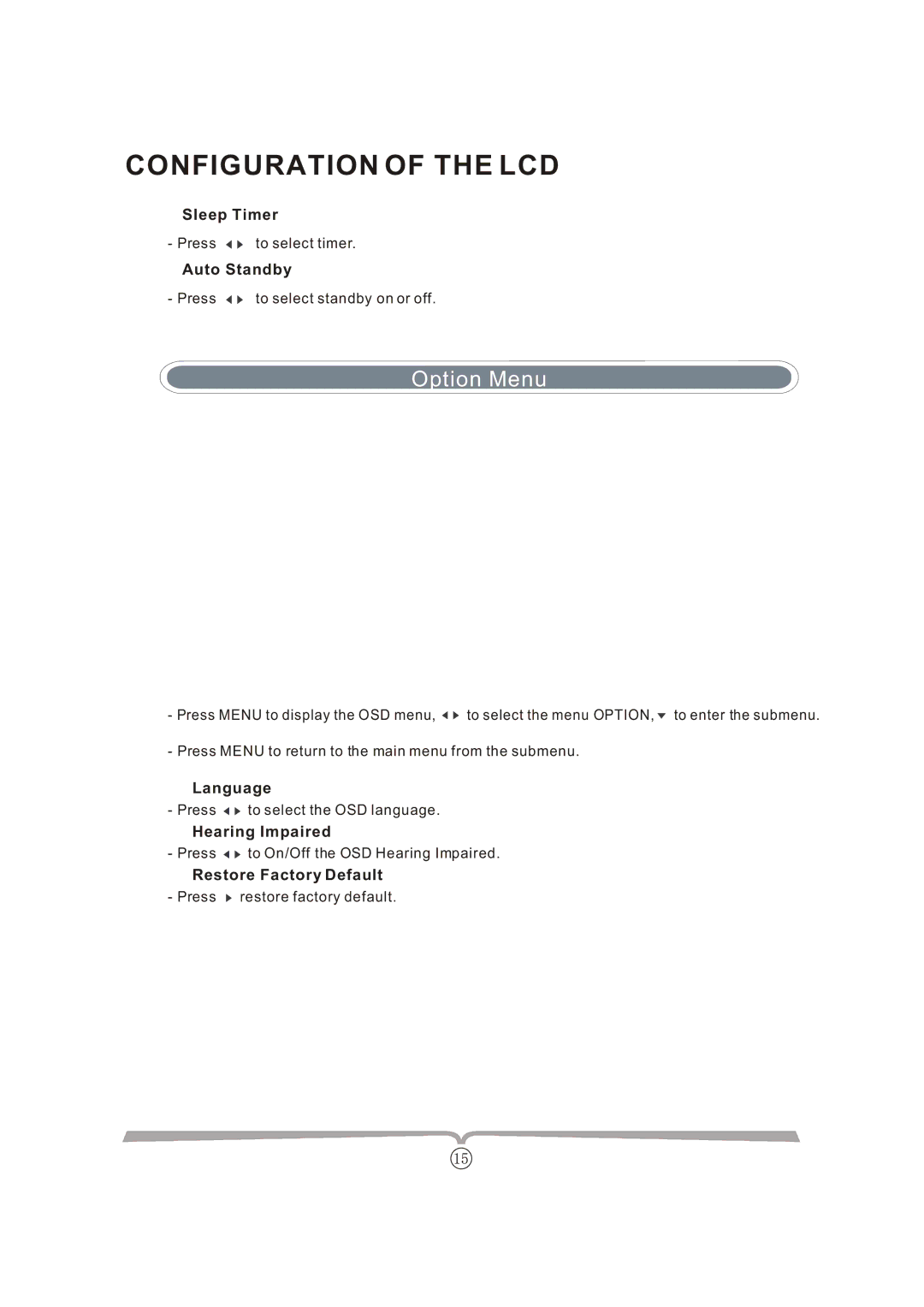 Curtis LCDVD152UK manual Option Menu 